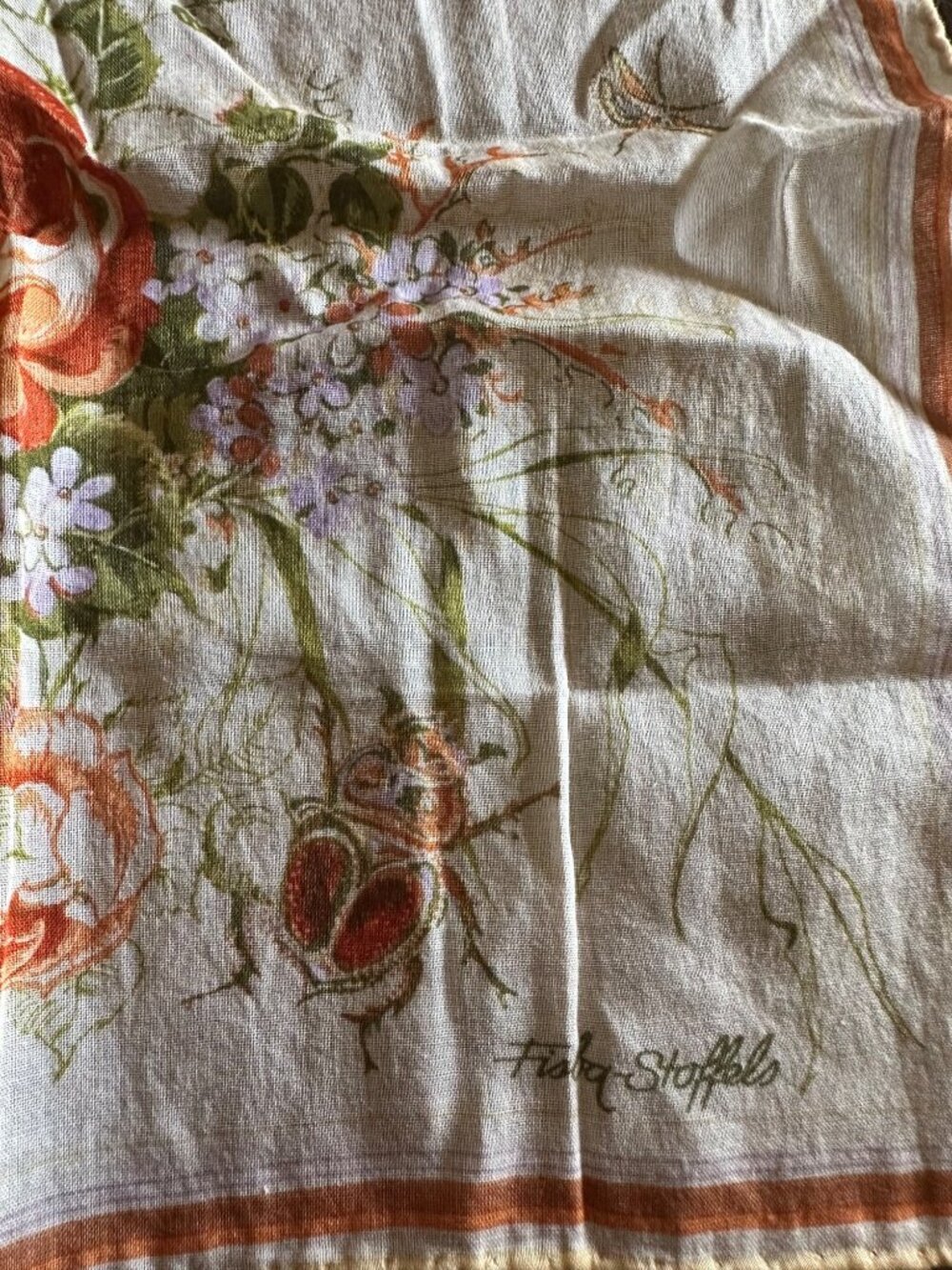 Vintage Flora Stoffels Handkerchief With Orange Roses & Bugs Print - Picture 6 of 16
